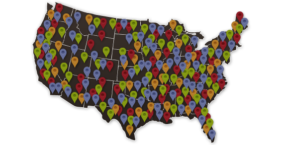 Map of the United States marked with MyRadio host locations.